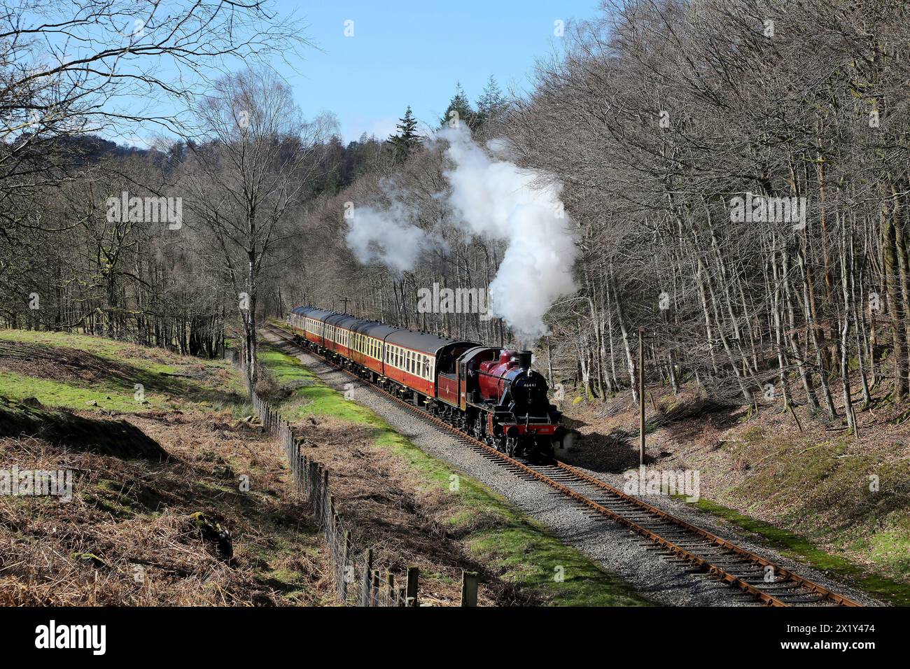 46441 passes Great Hagg wood on the approach to Newby Bridge on 24.3.24. Stock Photo