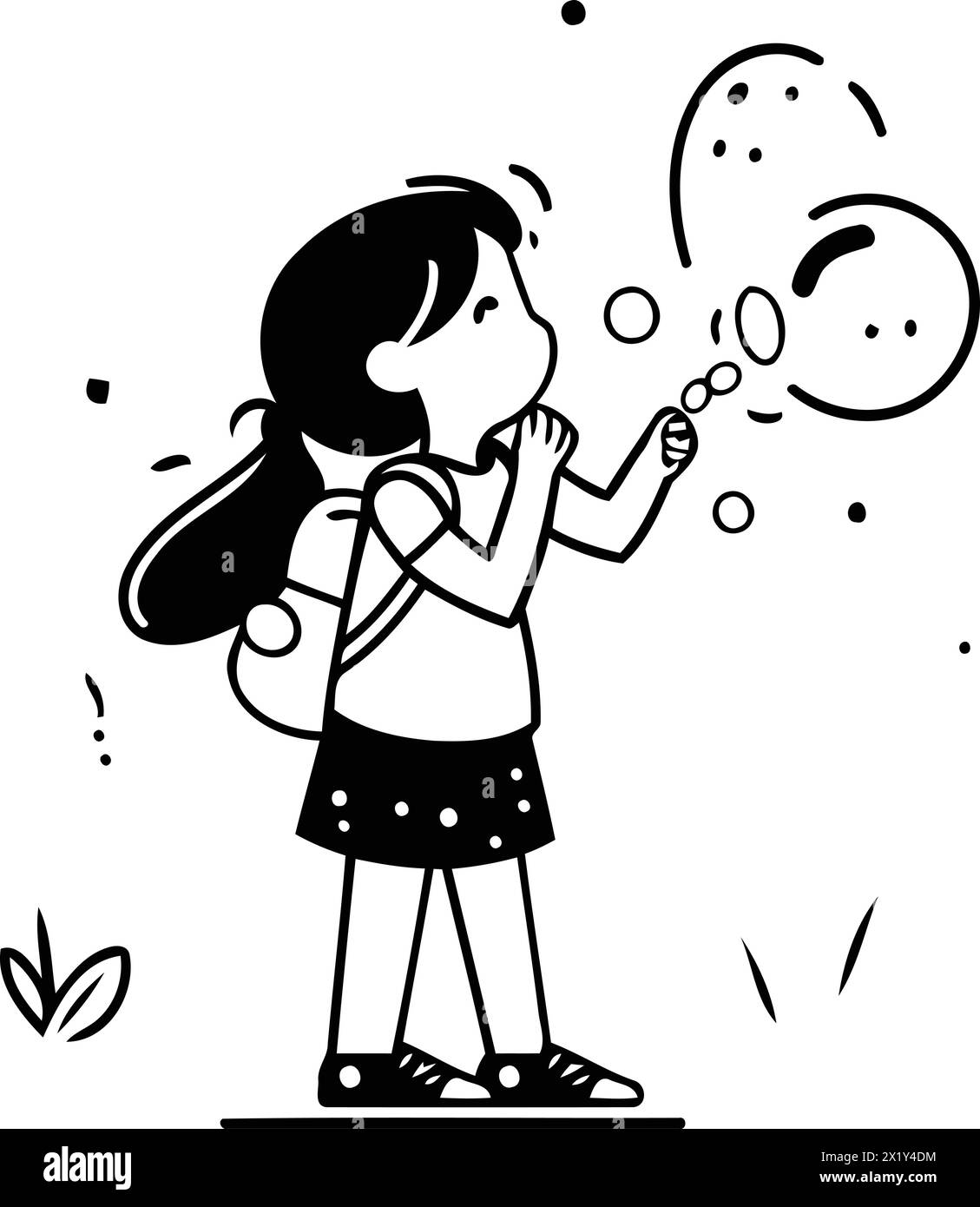 vector-illustration-of-a-girl-with-a-backpack-blowing-soap-bubbles-in