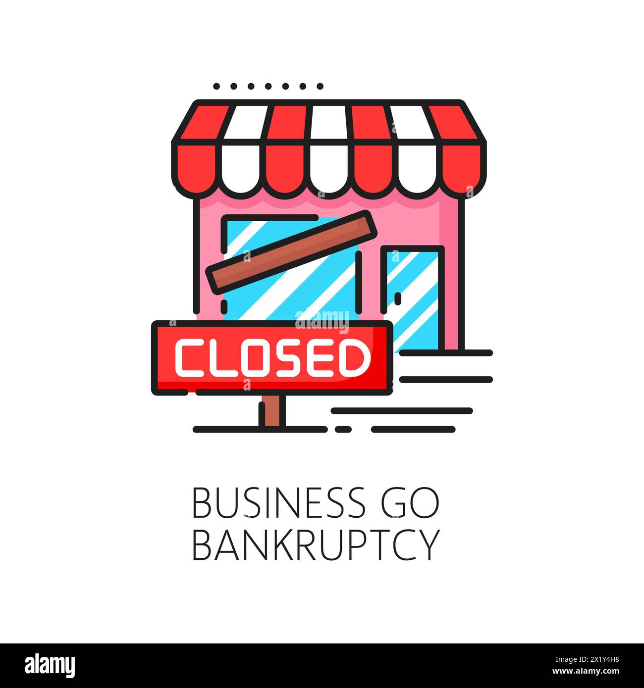 Business go bankruptcy color line icon, economic crisis and money loss, downturn symbol. Closed store, kiosk, or shop building. Isolated vector linear sign of financial distress, fail and bankruptcy Stock Vector