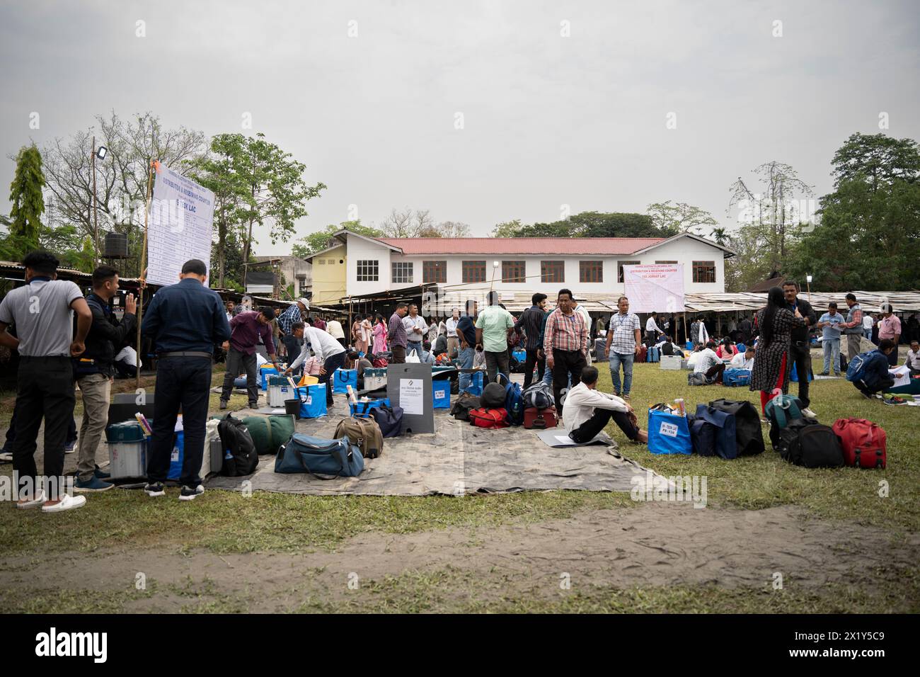 April 18, 2024: JORHAT, INDIA - APRIL 18: Election officials make preparations after collecting Electronic Voting Machines (EVMs) from a polling materials distribution centre on the eve of 1st phase of Lok Sabha Election on April 18, 2024 in Jorhat, Assam, India. Nearly a billion Indians will vote to elect a new government in six-week-long parliamentary polls starting on April 19. (Credit Image: © David Talukdar/ZUMA Press Wire) EDITORIAL USAGE ONLY! Not for Commercial USAGE! Stock Photo