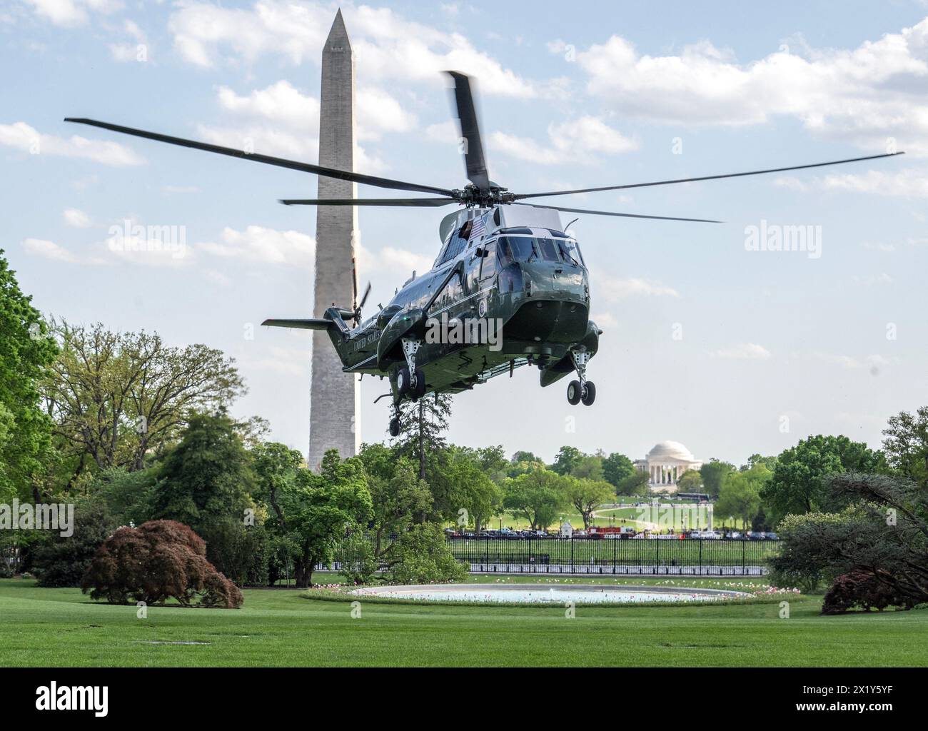 Washington, United States. 18th Apr, 2024. Marine One, with United States President Joe Biden aboard, prepares to land on the South Lawn of the White House in Washington, DC following a day trip to Philadelphia, Pennsylvania on Thursday, April 18, 2024. The President participated in two campaign events.Credit: Ron Sachs/Pool via CNP Credit: Abaca Press/Alamy Live News Stock Photo
