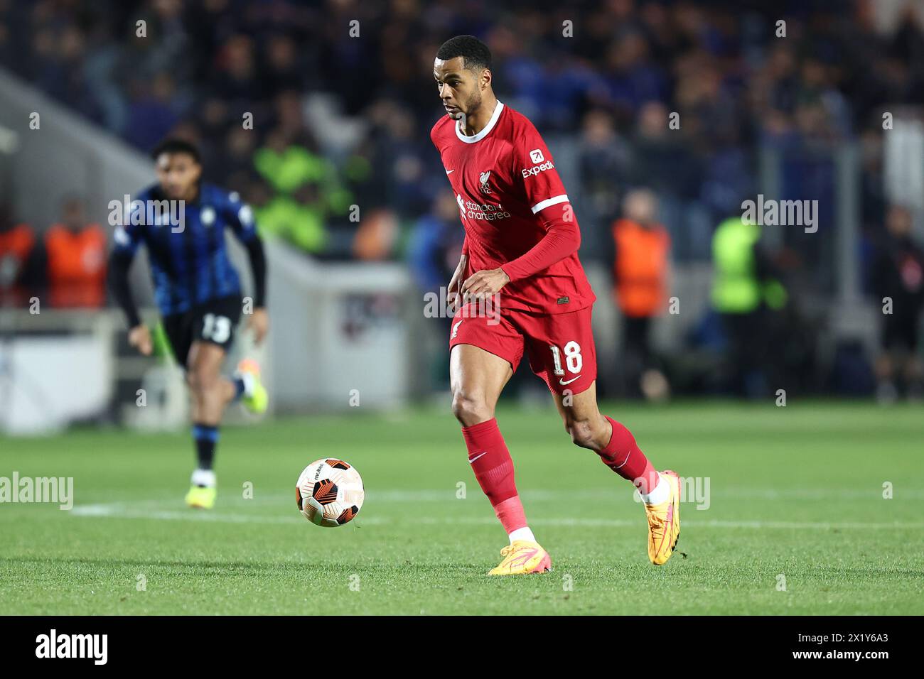 Bergamo, Italy. 18th Apr, 2024. Cody Gakpo of Liverpool Fc in action during the UEFA Europa League 2023/24 quarter-final second leg match beetween Atalanta Bc and Liverpool Fc at Gewiss Stadium on April 18, 2024 in Bergamo, Italy . Credit: Marco Canoniero/Alamy Live News Stock Photo