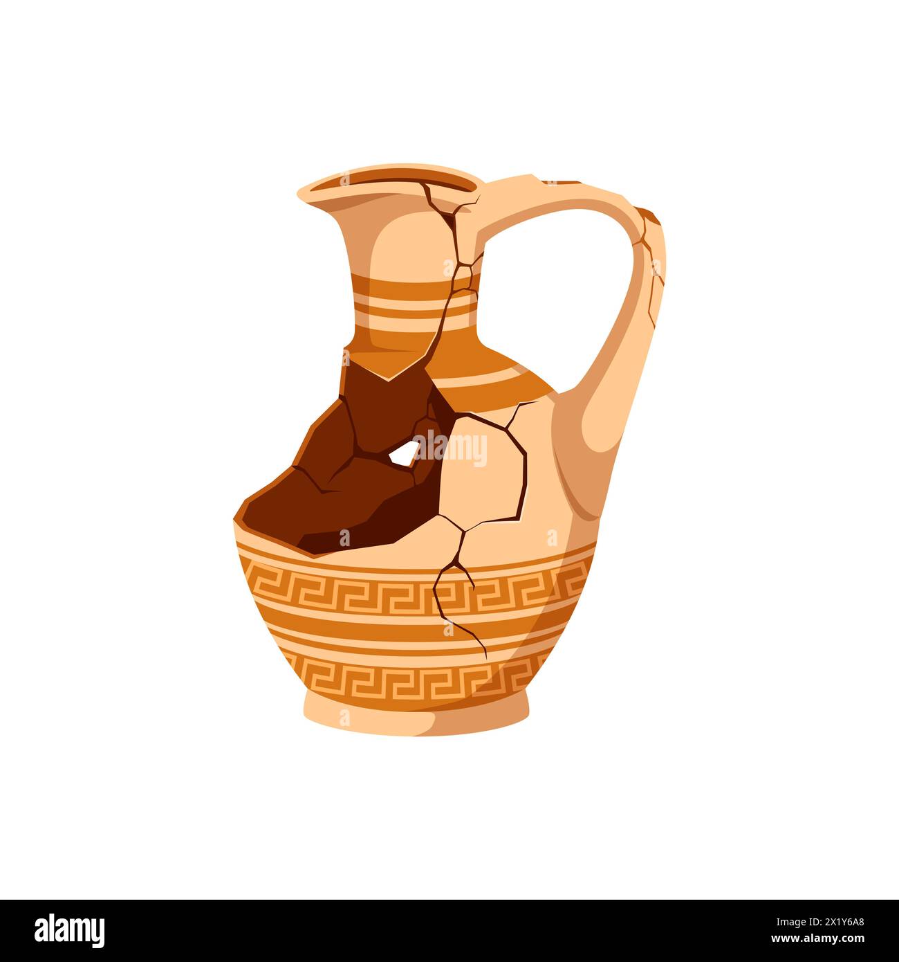 Ancient broken pottery and vase. Old ceramic cracked pot or jug. Isolated cartoon vector greek or roman earthenware pitcher with cracks, hole, pattern and handle. Vessel for wine, museum artefact Stock Vector