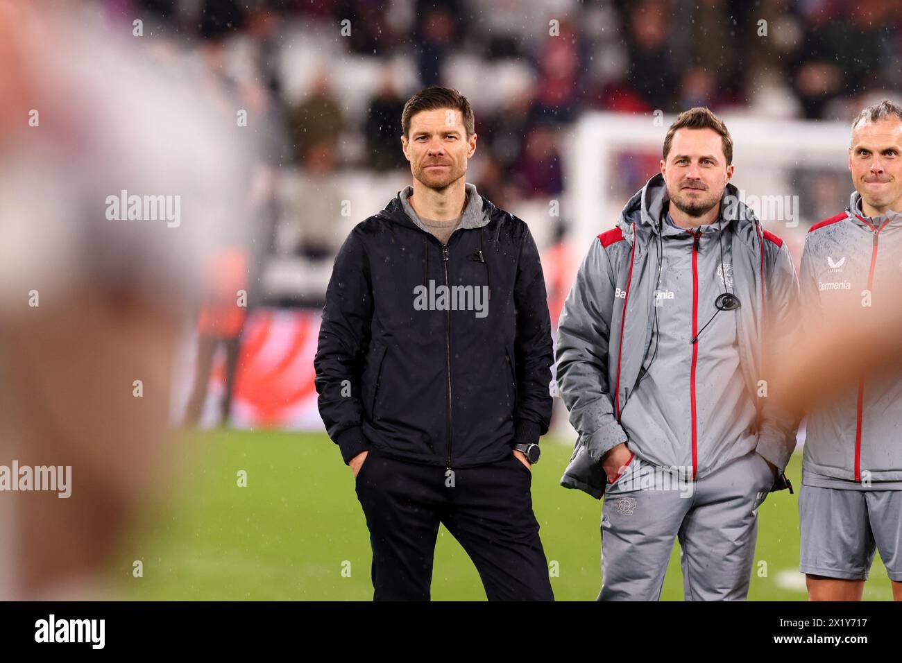 London Stadium, London, UK. 18th Apr, 2024. Europa League Football, Quarter Final, Second Leg, West Ham United versus Bayer Leverkusen; Bayer Leverkusen Manager Xabi Alonso observes his side celebrating with fans after they go through to the semi finals Credit: Action Plus Sports/Alamy Live News Stock Photo