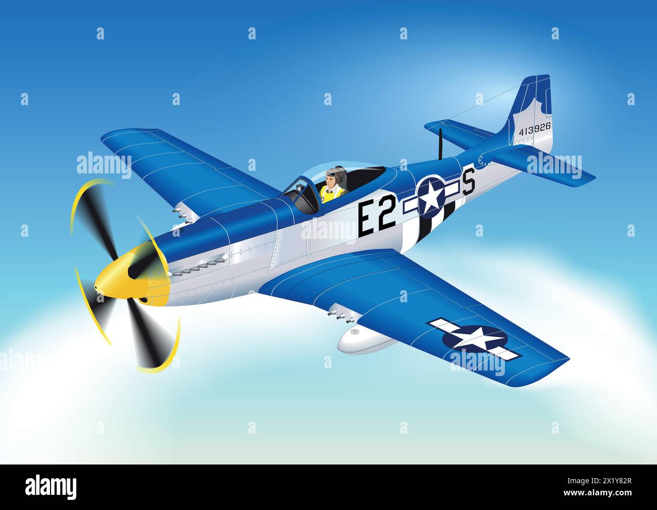 P-51 Mustang Fighter Plane airborne in isometric view. Stock Vector
