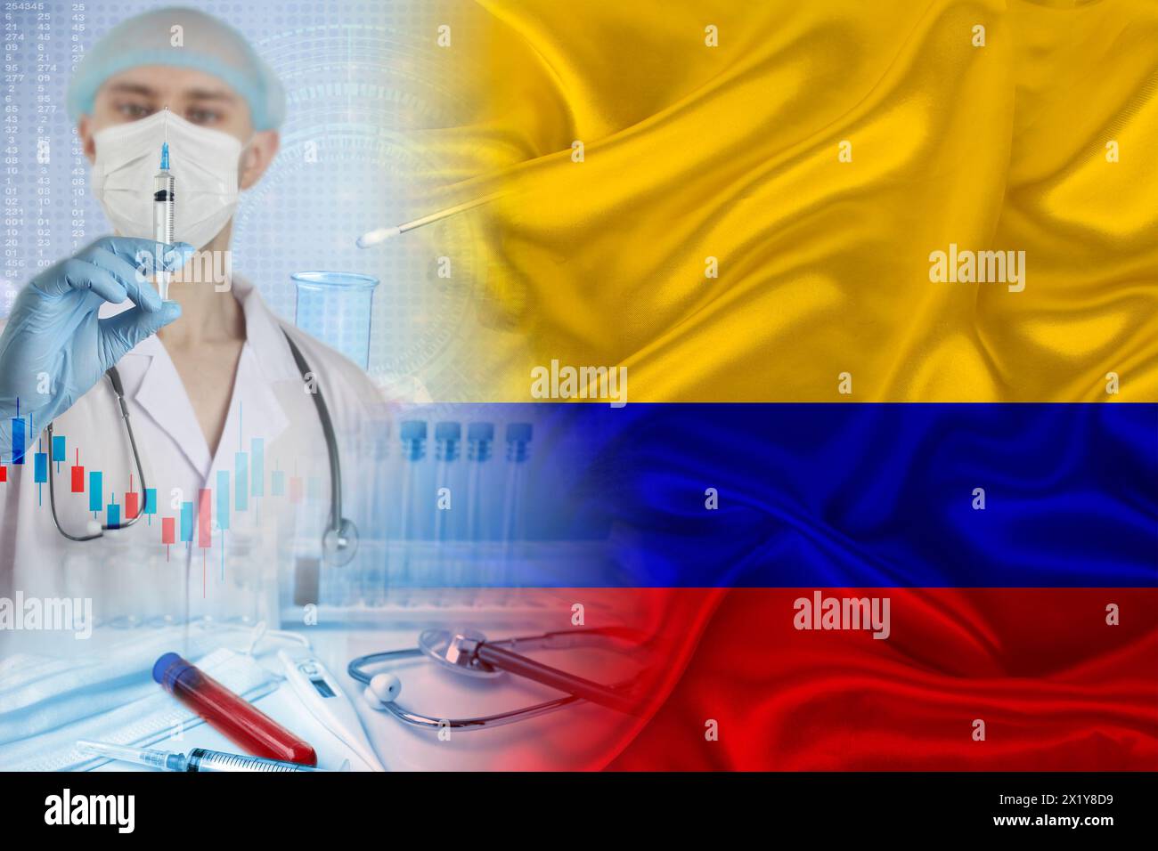 Colombia national flag on satin, doctor with syringe, country population vaccination concept, medical development, coronavirus covid-19, immune passpo Stock Photo