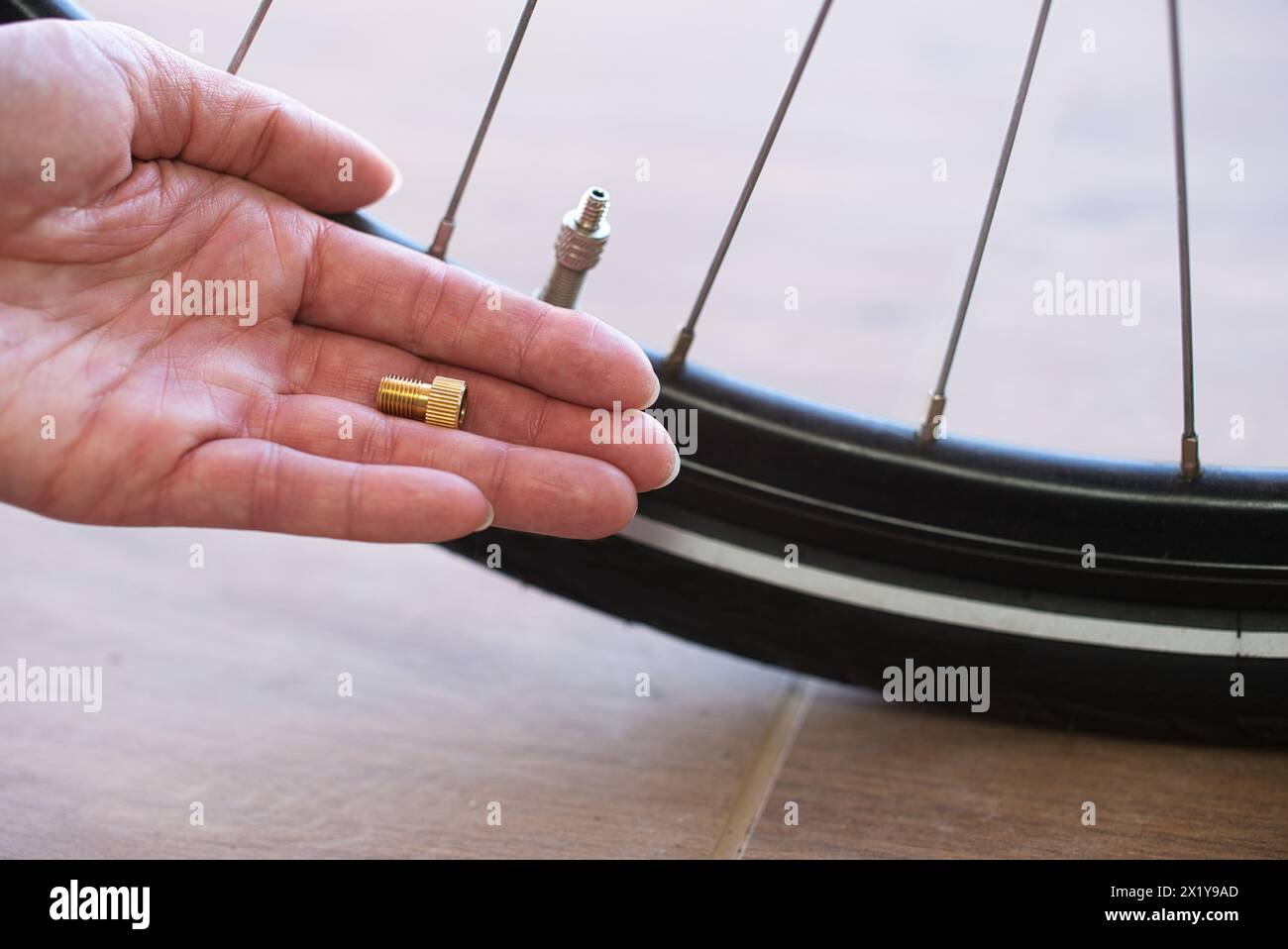 Close-up view of a bicycle tire valve adapter resting on the flat hand of a person. In the background, a partial view of a bicycle tire with a valve. Stock Photo