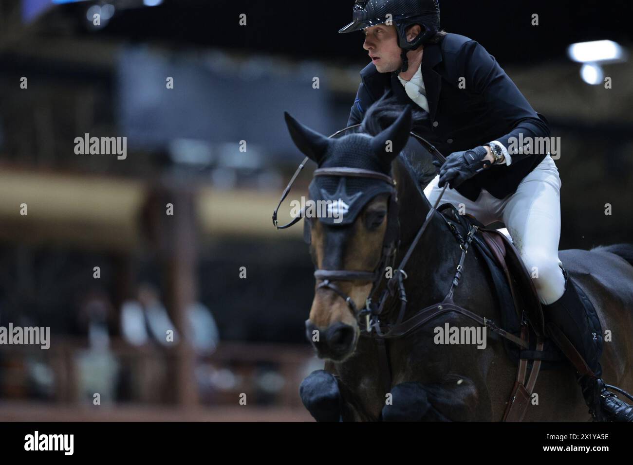 Martin Fuchs of Switzerland with Commissar Pezi during the Longines FEI Jumping World Cup™ - Final II at the FEI World Cup™ Finals Riyadh on April 18, 2024, Riyadh International Convention and Exhibition Center, Kingdom of Saudi Arabia (Photo by Maxime David - MXIMD Pictures) Stock Photo
