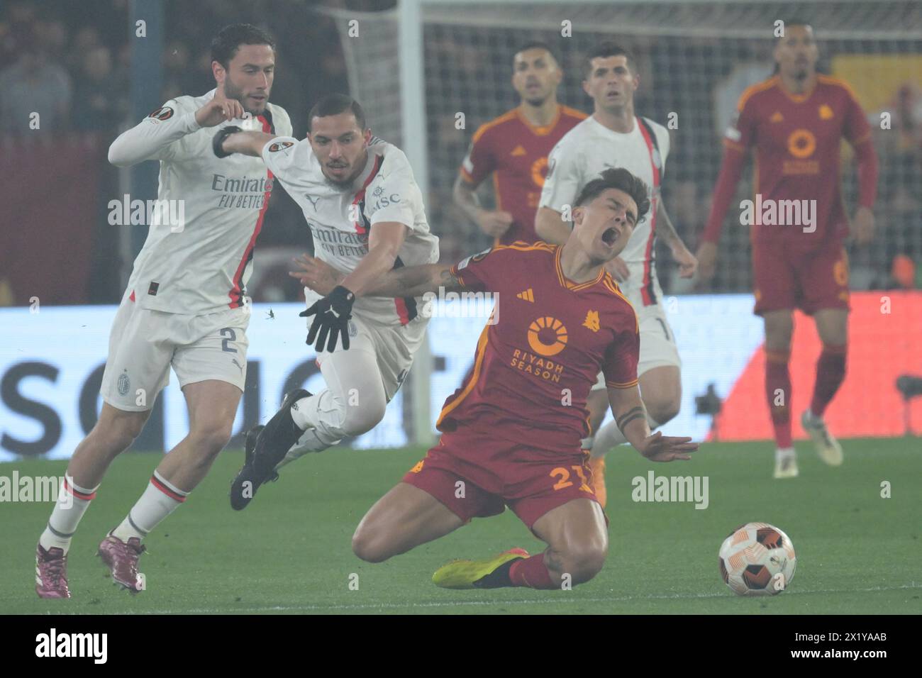 Rome, Italy, 18 April, 2024 Isma‘l Bennacer of AC Milan competes for the ball with Paulo Dybala of AS Roma during  quarter-finals between the Uefa Europa League Match Between AS Roma vs  AC Milan  Credit:Agostino Gemito/ Alamy Live News Stock Photo