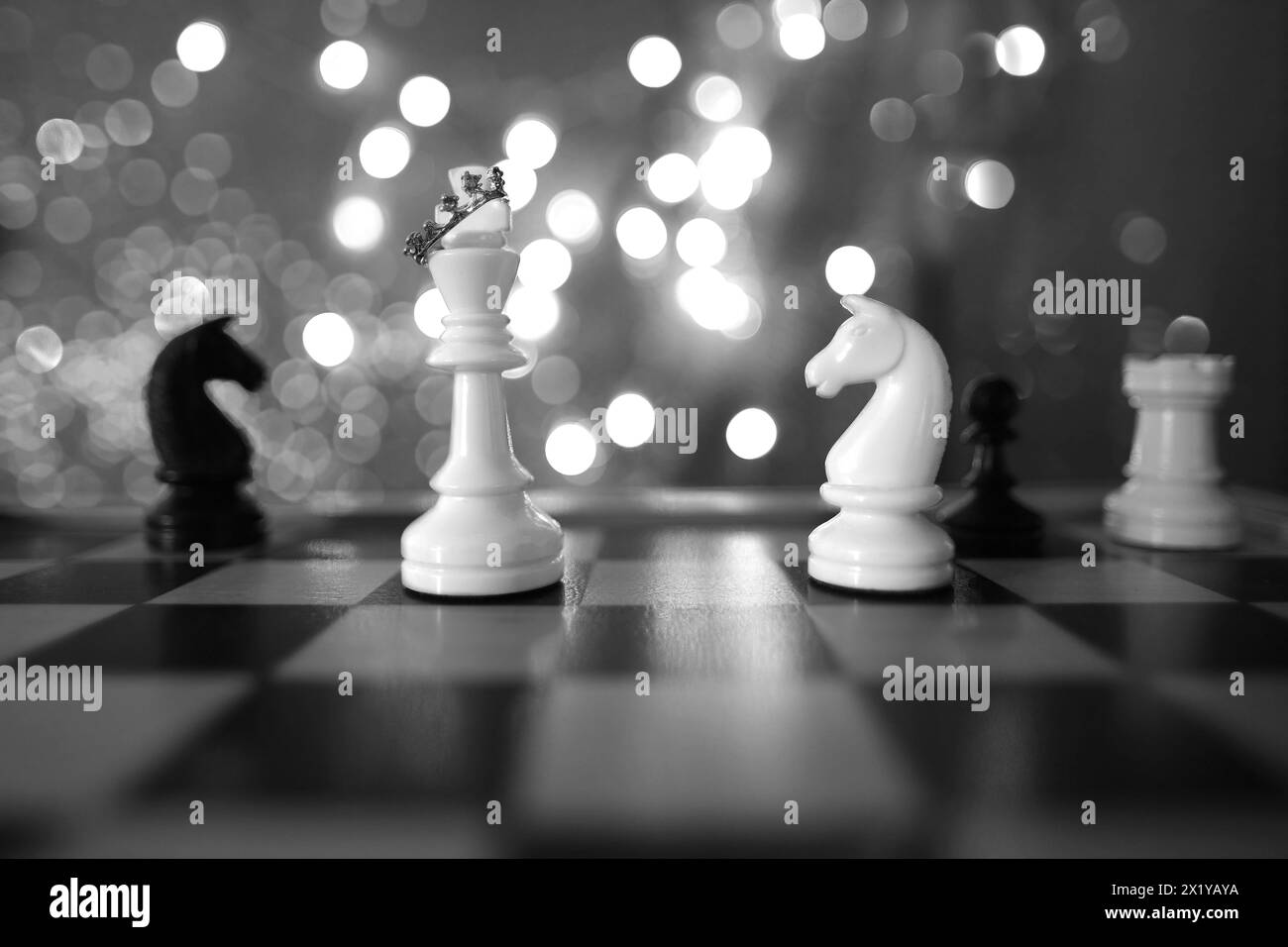 chess pieces, queen in crown white and black on a chessboard, concept of leadership and teamwork in business, duel, opposition of light and dark force Stock Photo