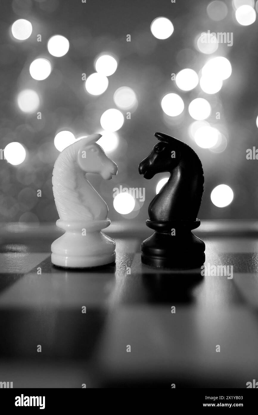 chess pieces, horse, white and black on a chessboard, concept of leadership and teamwork in business, duel, opposition of light and dark forces, sport Stock Photo