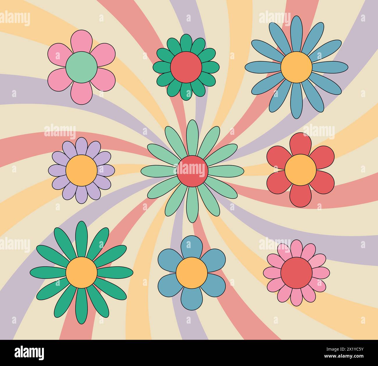 Groovy daisy flowers colorful set. Hippie retro style. Flower icons. Vector illustration Stock Vector