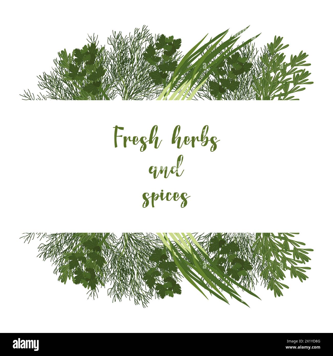 Fresh greens frame concept of healthy eating. Onion dill and parsley