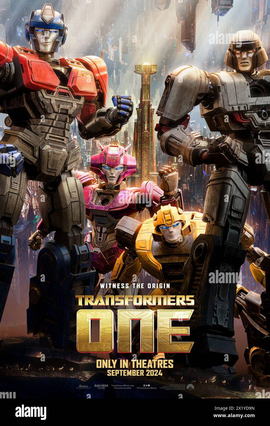 RELEASE DATE: September 20, 2024. TITLE: Transformers One. STUDIO: Paramount Animation. DIRECTOR: Josh Cooley. PLOT: The untold origin story of Optimus Prime and Megatron, better known as sworn enemies, but once were friends bonded like brothers who changed the fate of Cybertron forever. STARRING: L-r, Brian Tyree Henry (D-16), Keegan-Michael Key (B-127), Scarlett Johansson (Elita-1) and Chris Hemsworth (Orion Pax) poster art. (Credit Image: © Paramount Animation/Entertainment Pictures/ZUMAPRESS.com) EDITORIAL USAGE ONLY! Not for Commercial USAGE! Stock Photo