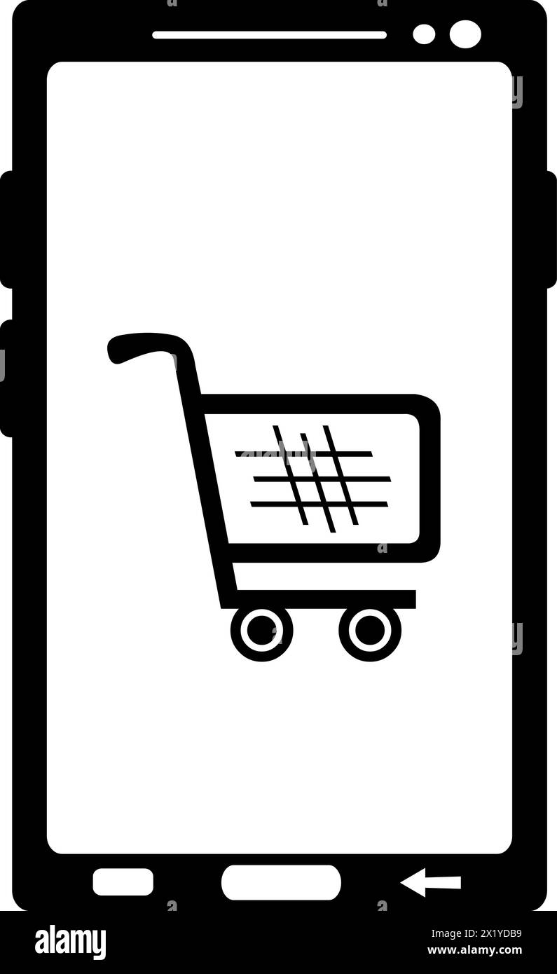 vector black and white icon mobile phone online shopping cart Stock Vector