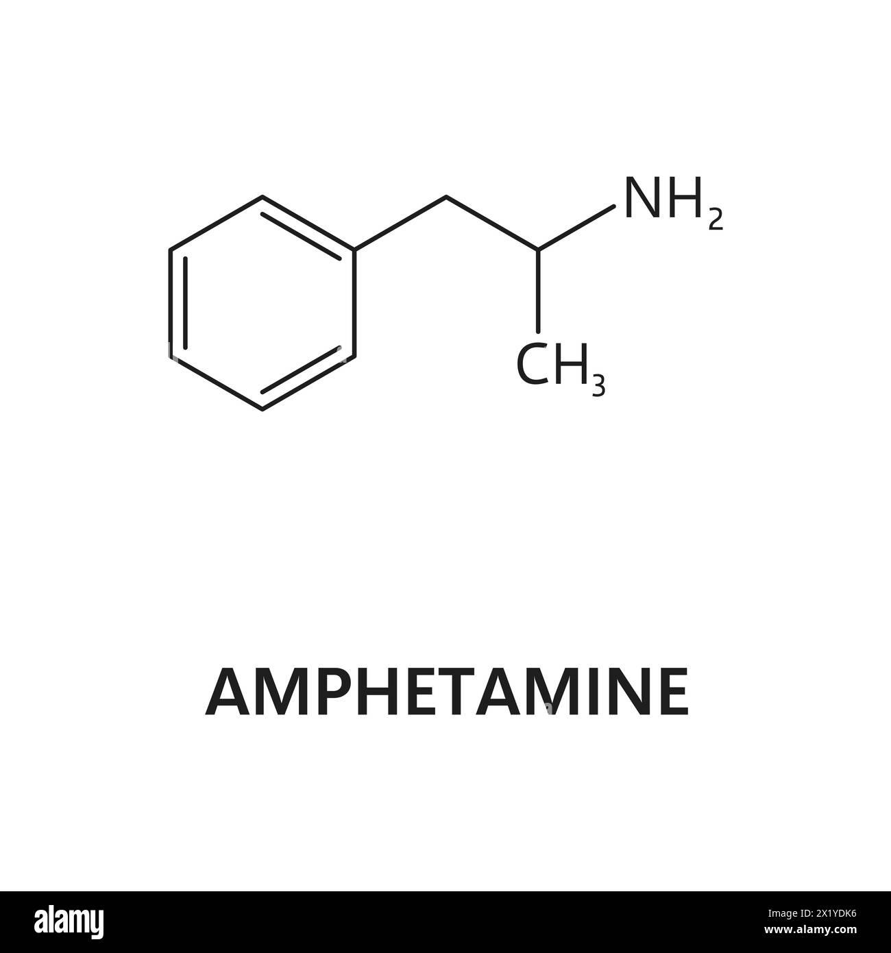 Amphetamine structure, synthetic drug molecule formula. Illegal substance atomic composition, addictive narcotic chemical formula or synthetic Amphetamine drug molecule vector formula Stock Vector