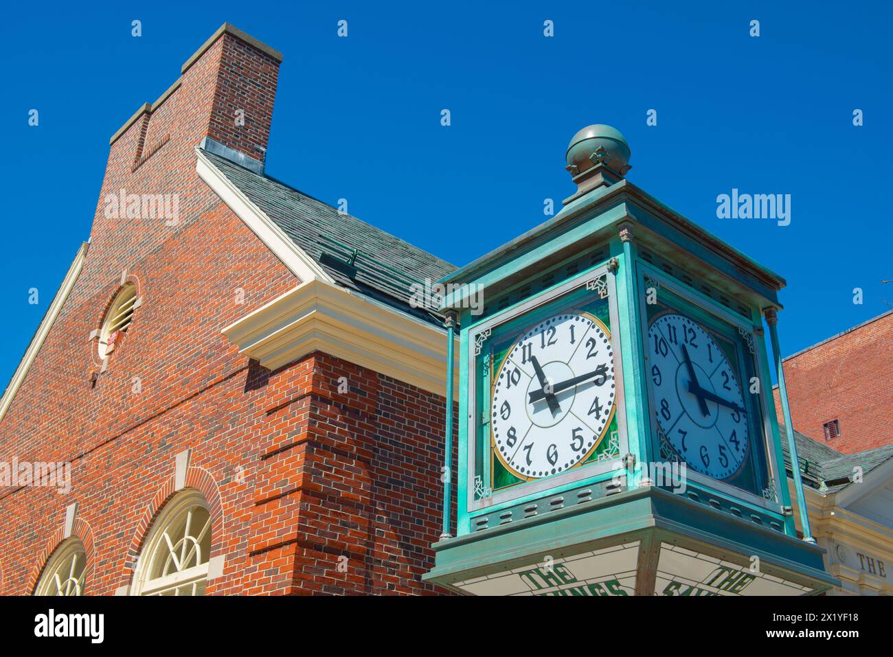 Historic town clock on Main Street in historic center of Wakefield, Middlesex County, Massachusetts MA, USA. Stock Photo