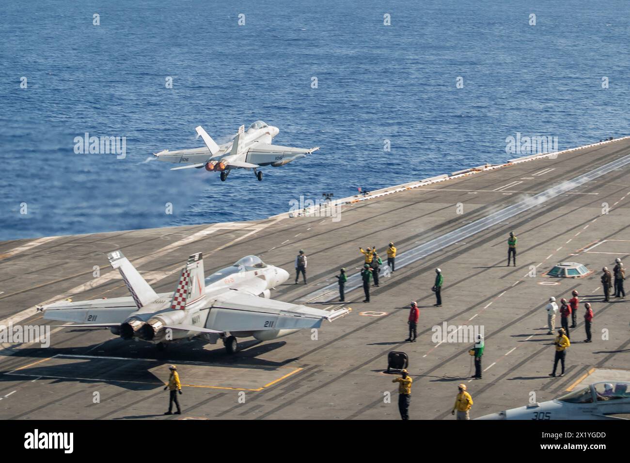 USS Theodore Roosevelt, United States. 17th Apr, 2024. A U.S. Navy F/A-18F Super Hornet fighter aircraft from the Black Knights of Strike Fighter Squadron 154, launches from the flight deck of the Nimitz-class aircraft carrier USS Theodore Roosevelt underway conducting routine operations, April 17, 2024 on the Philippine Sea. Credit: MCS Aaron Haro Gonzalez/U.S Navy Photo/Alamy Live News Stock Photo