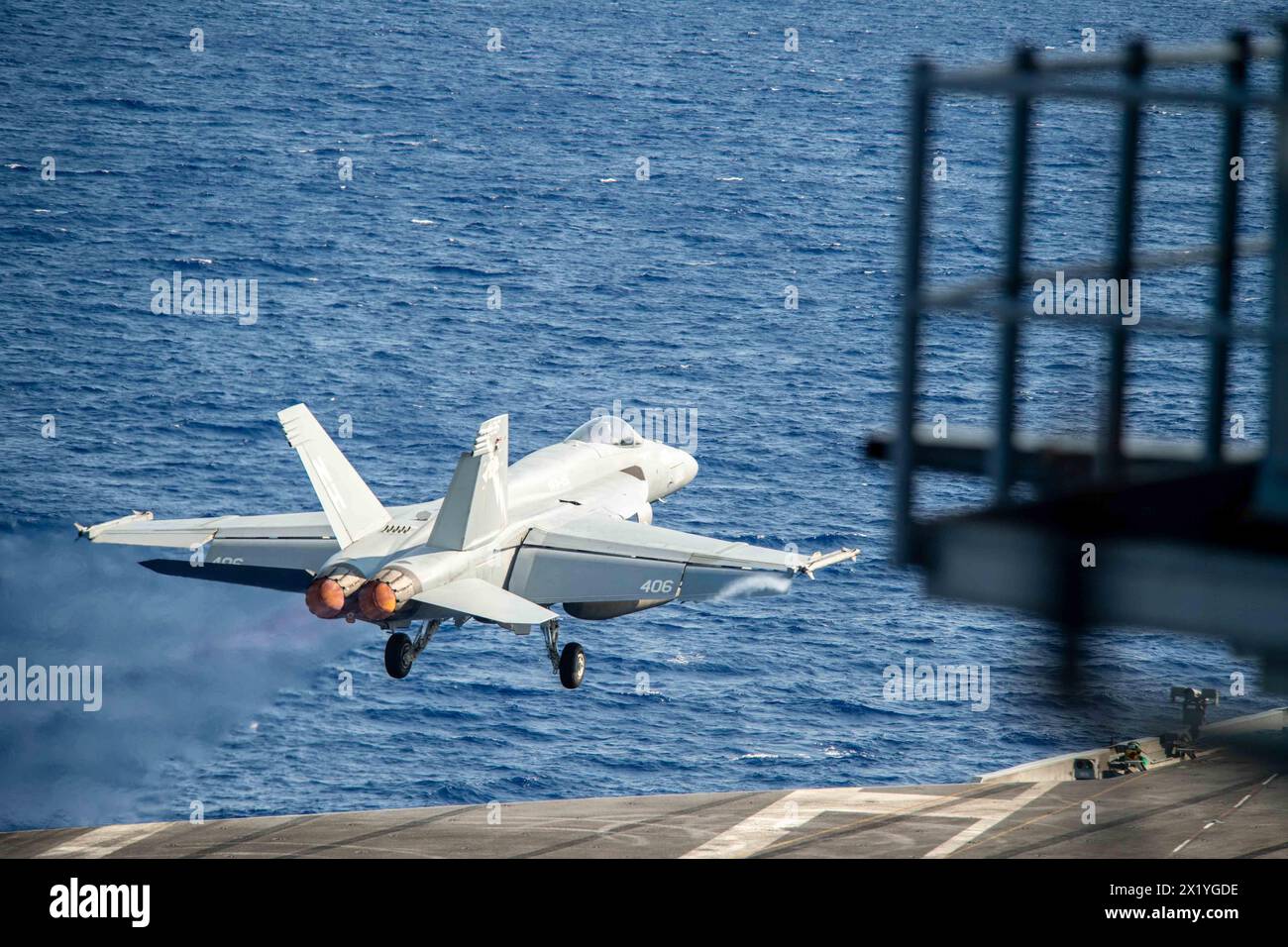 USS Theodore Roosevelt, United States. 17th Apr, 2024. A U.S. Navy F/A-18E Super Hornet fighter aircraft from the Fist of the Fleet of Strike Fighter Squadron 25, launches from the flight deck of the Nimitz-class aircraft carrier USS Theodore Roosevelt underway conducting routine operations, April 17, 2024, on the Philippine Sea. Credit: MCS Aaron Haro Gonzalez/U.S Navy Photo/Alamy Live News Stock Photo
