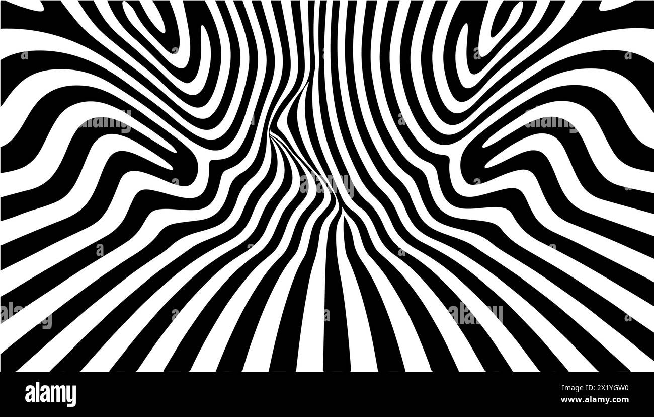 Abstract hypnotic pattern with black-white striped lines. Psychedelic background. Op art, optical illusion. Technology Half tone Pattern Background or Stock Vector