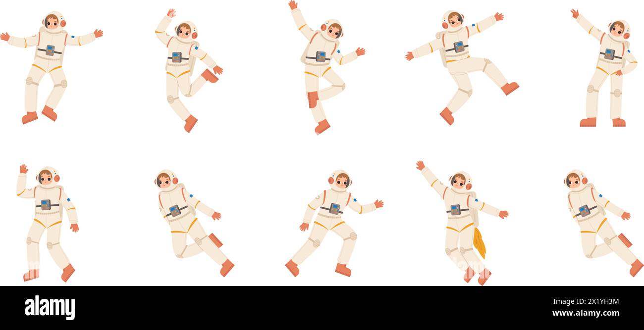 Dancing astronauts. Flying and floating in air cosmonauts in space suits and helmets. Spacemen dancers, electro party snugly vector characters Stock Vector