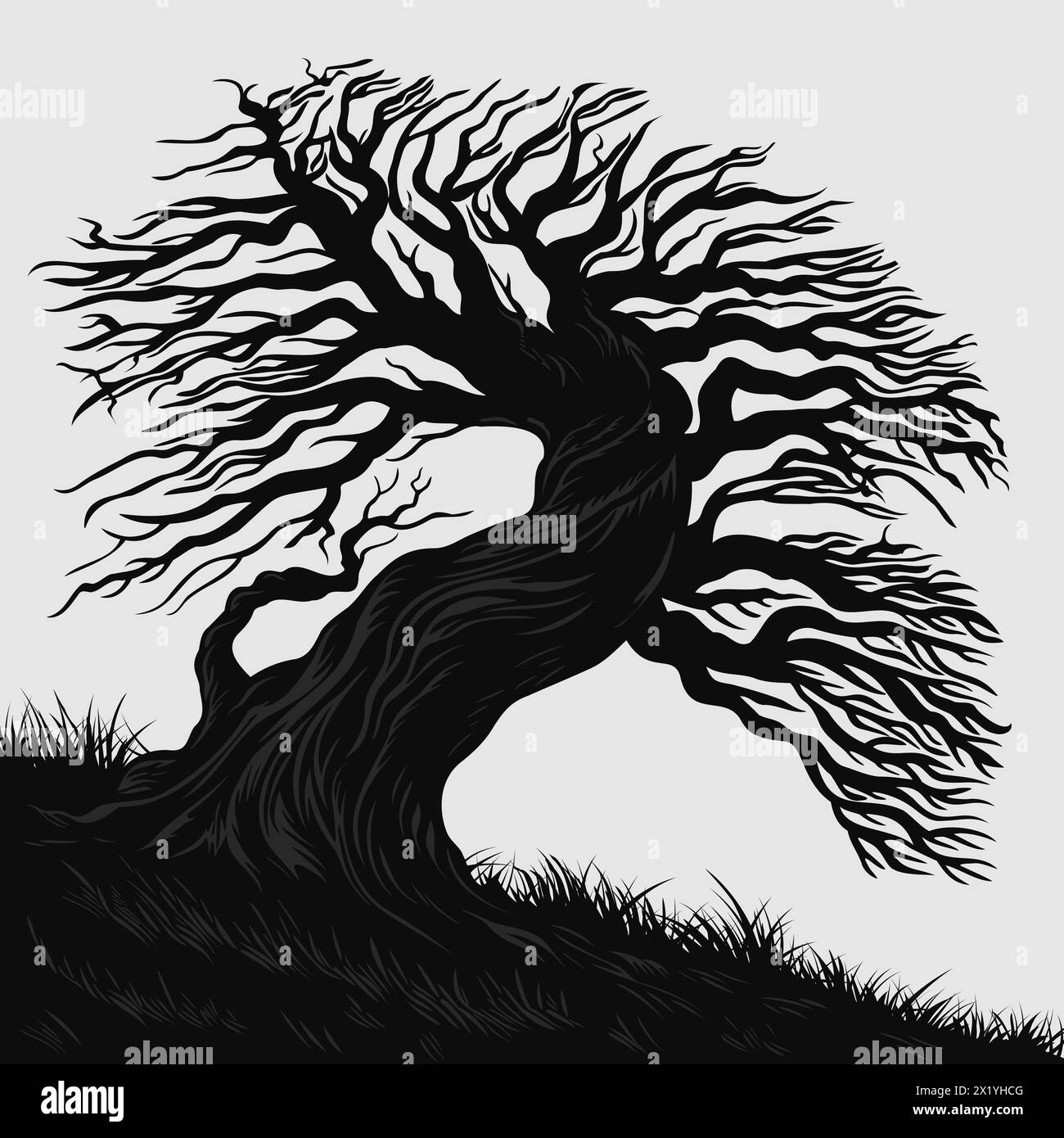 Scary tree without leaves. Black and white landscape. Vector ...