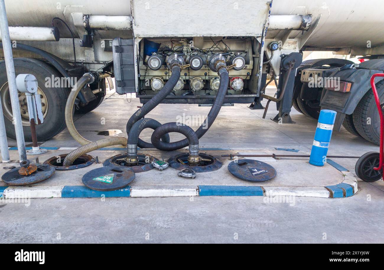 Discharge of gasoline from petrol tanker. Low angle view Stock Photo