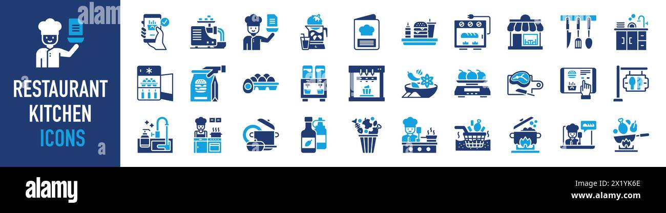 Restaurant kitchen icon set. Such as dispenser, salt & pepper, cooking , grill, food menu, cookware, healthy food, sink, frying pan, knife, waitress. Stock Vector