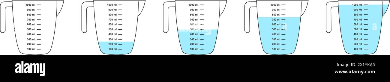 Set of empty and water filled measuring cups with 1 liter volume. Liquid containers for cooking with fluid capacity scale isolated on white background. Vector flat illustration. Stock Vector
