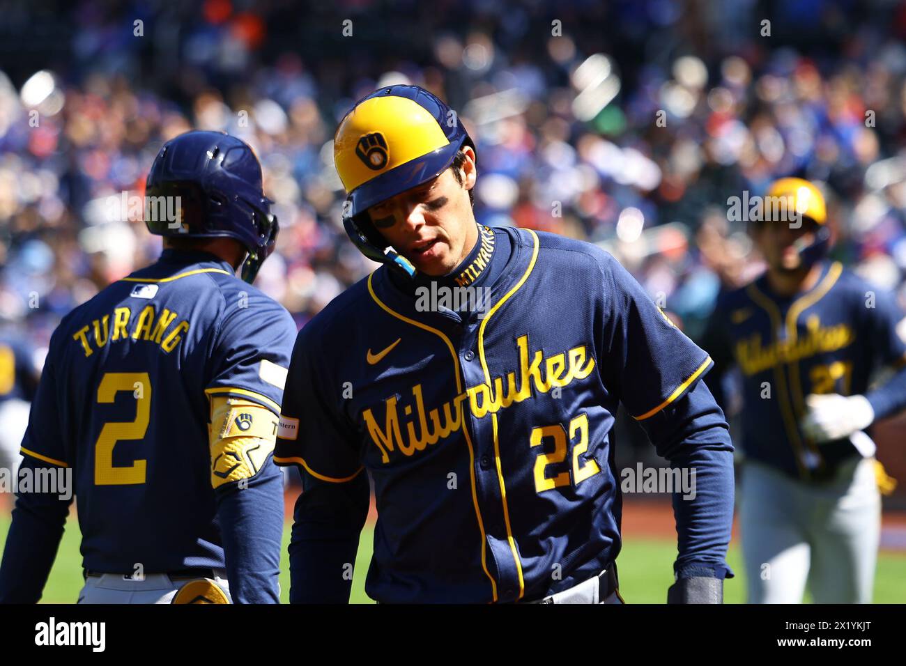 Milwaukee Brewers Christian Yelich #22 scores during the first inning of the baseball game against the New York Mets at Citi Field in New York City, N.Y., Saturday, March 30, 2024. (Photo: Gordon Donovan) Stock Photo