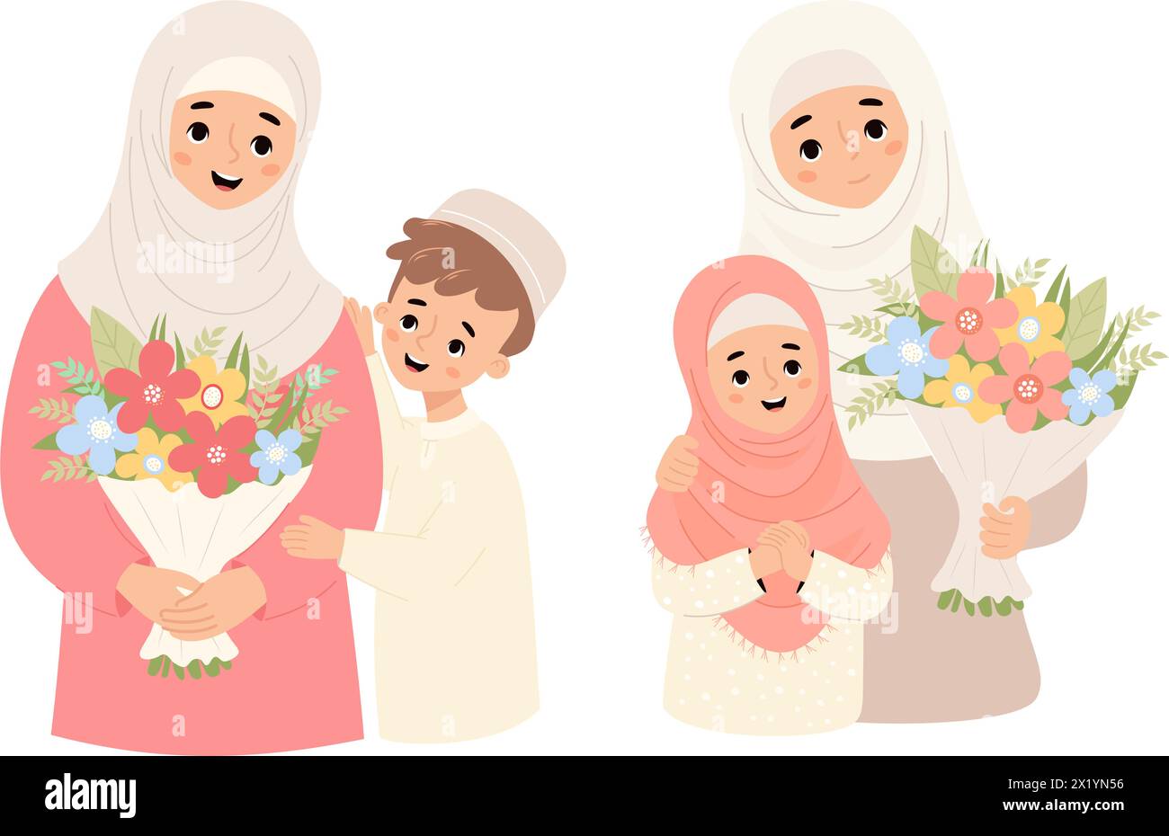 Happy Muslim family. Cute Islamic woman mother in hijab with son and daughter with bouquet flowers. Vector illustration flat cartoon style. Isolated F Stock Vector