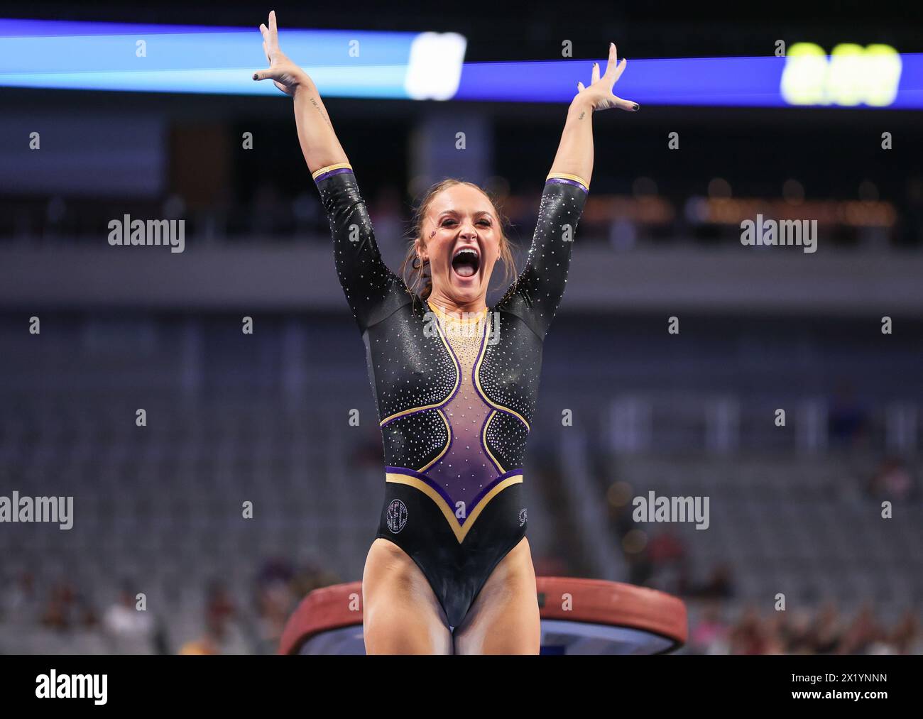 Fort Worth, TX, USA. 18th Apr, 2024. LSU's Savannah Schoenherr during her vault at Semifinal I of the 2024 Women's National Collegiate Women's Gymnastics Championships at Dickies Arena in Fort Worth, TX. Kyle Okita/CSM/Alamy Live News Stock Photo