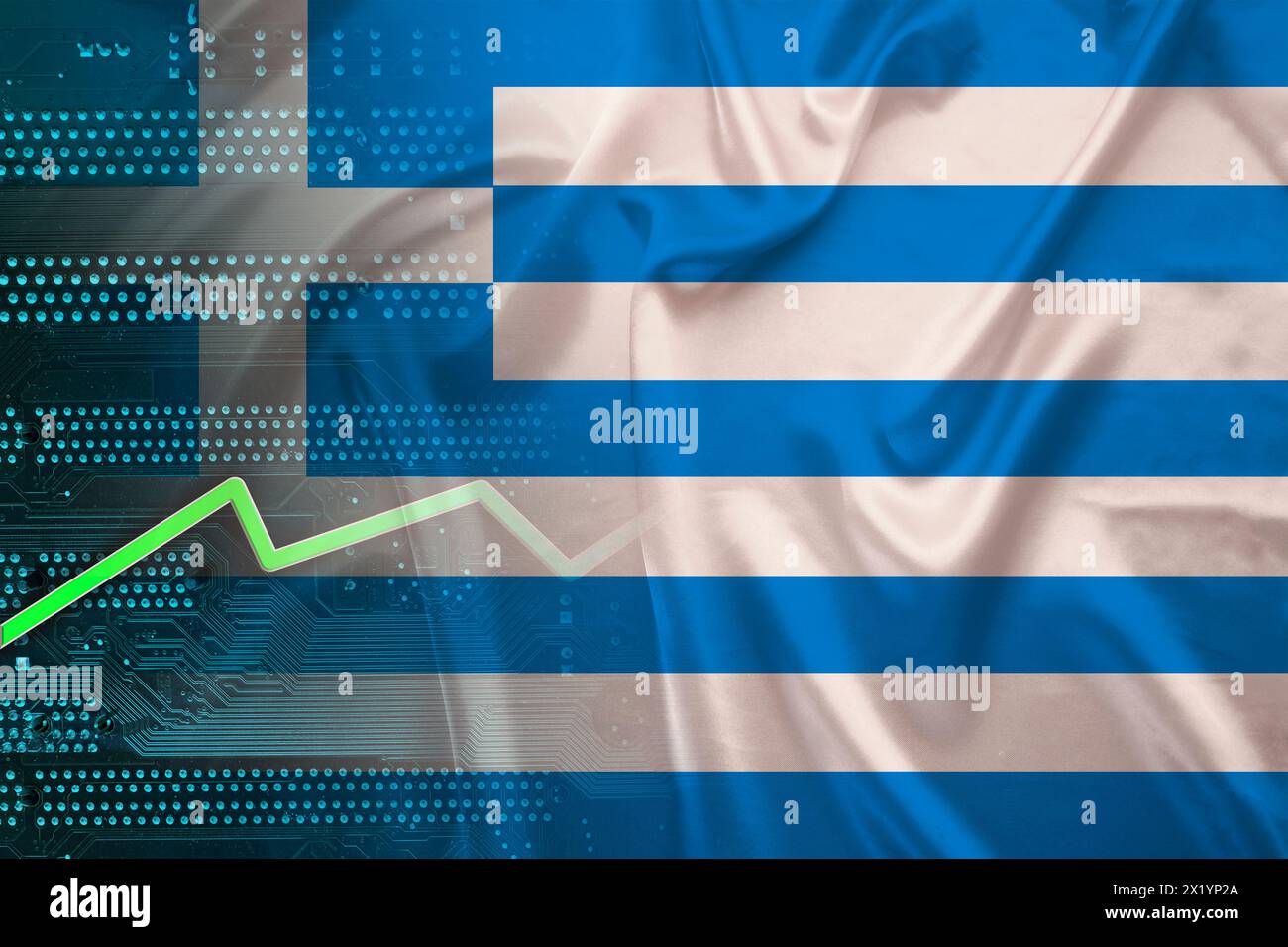 national flag of Greece on silk with folds, green electronic printed