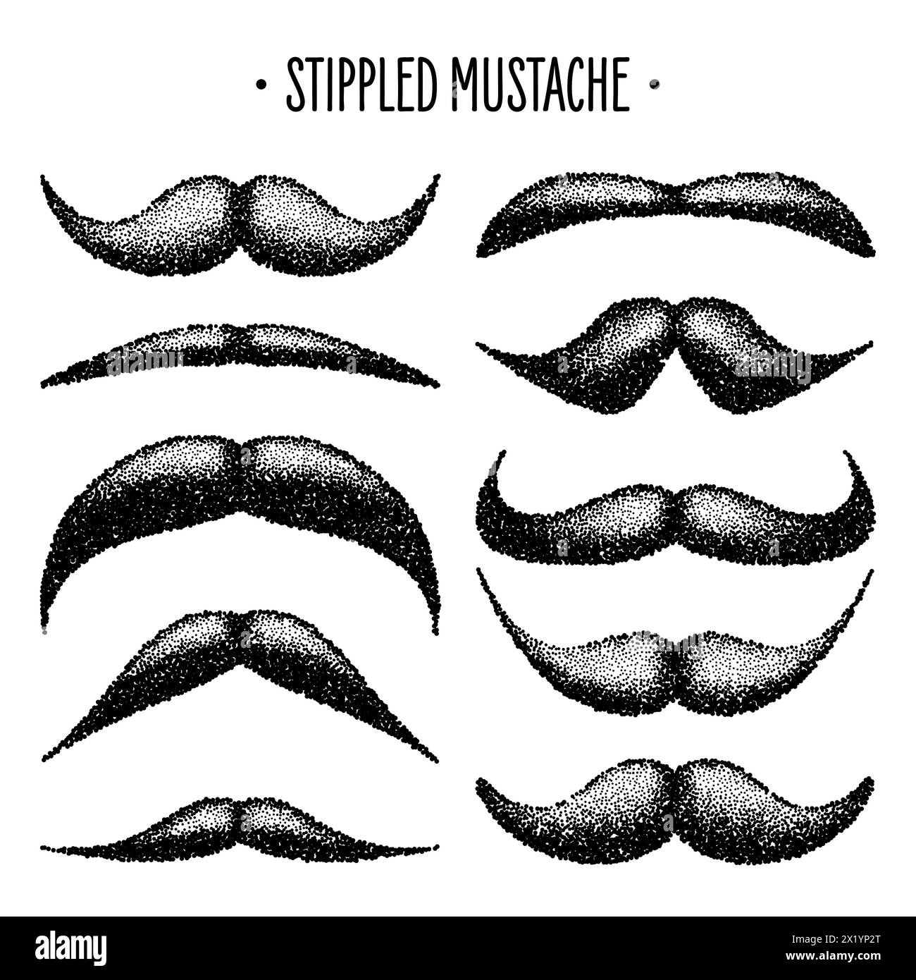 Stippled vintage mustache. Curly facial hair. Hipster beard. Stippling