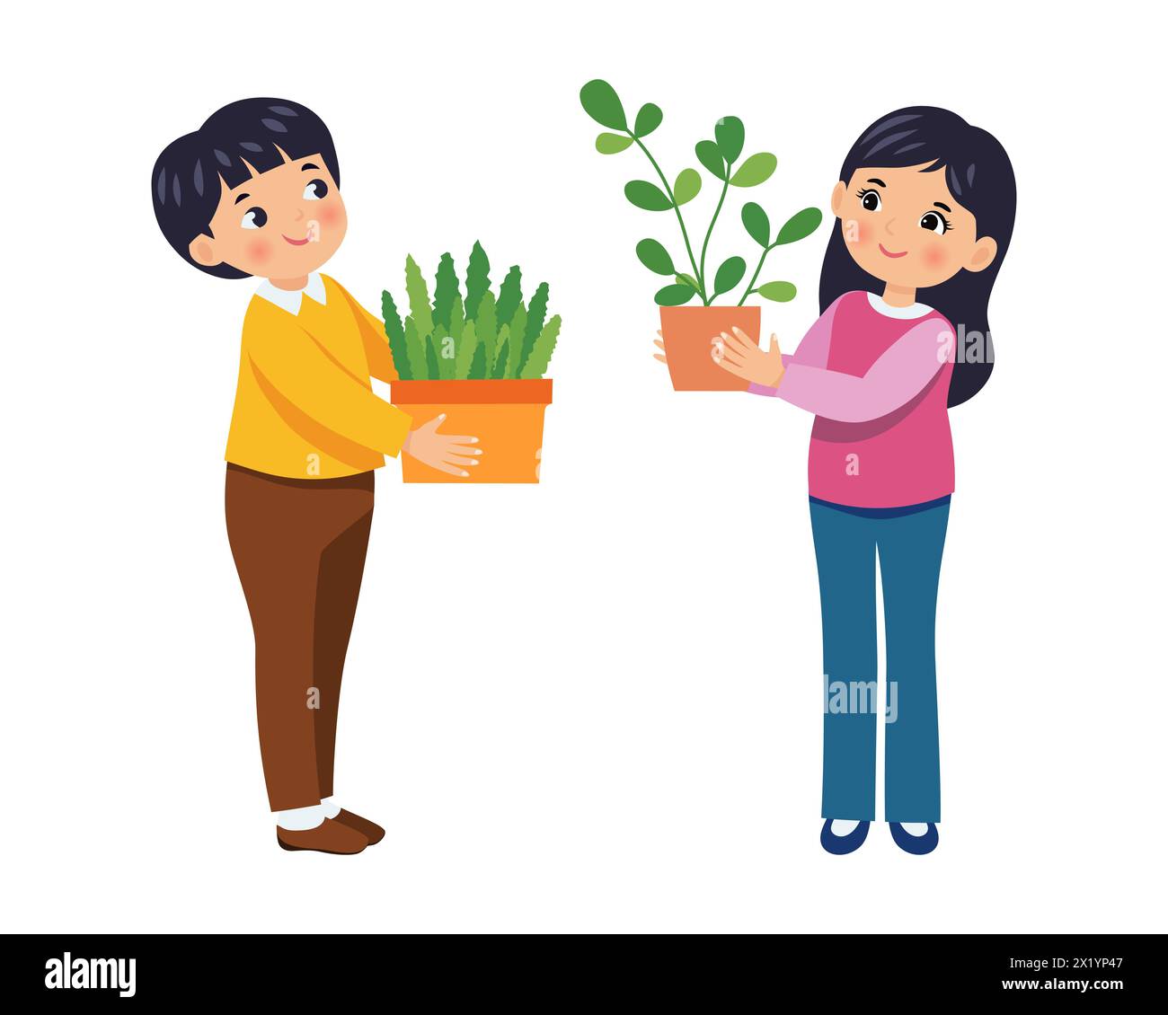 Child with a flower. Happy boys and girls share potted plants in a fun ...