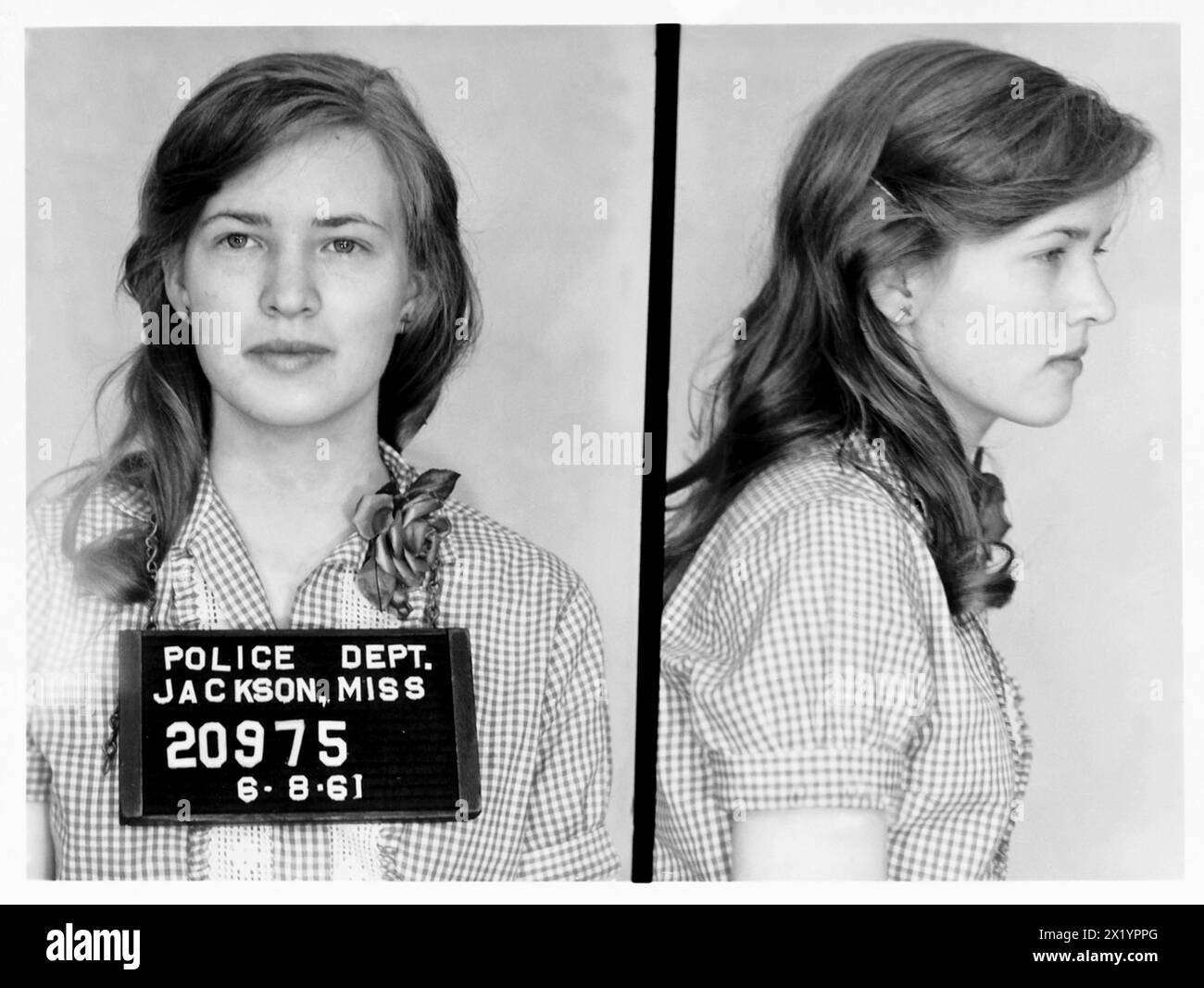 1961, 8 june , Jackson , Mississimpi . USA :  Mugshot of activist in the civil rights movement JOAN MULHOLLAND ( born in 1941 ), Mug Shot taken following his arrest in Jackson , Mississimpi , 1961 . Joan Mulholland and several other FREEDOM RIDERS were arrested for their participation in a early campaign of the civil rights movement .Unknown photographer of POLICE Department  - FOTO TESSERA - FOTO SEGNALETICA - MUG SHOT - MUG-SHOT - MUGSHOT - FOTO SEGNALETICA - portrait - ritratto - DIRITTI CIVILI - CIVIL RIGHTS - AFROAMERICANI - AFROAMERICANS - Afro Americani - Afro americans - ATTIVISTA - ab Stock Photo
