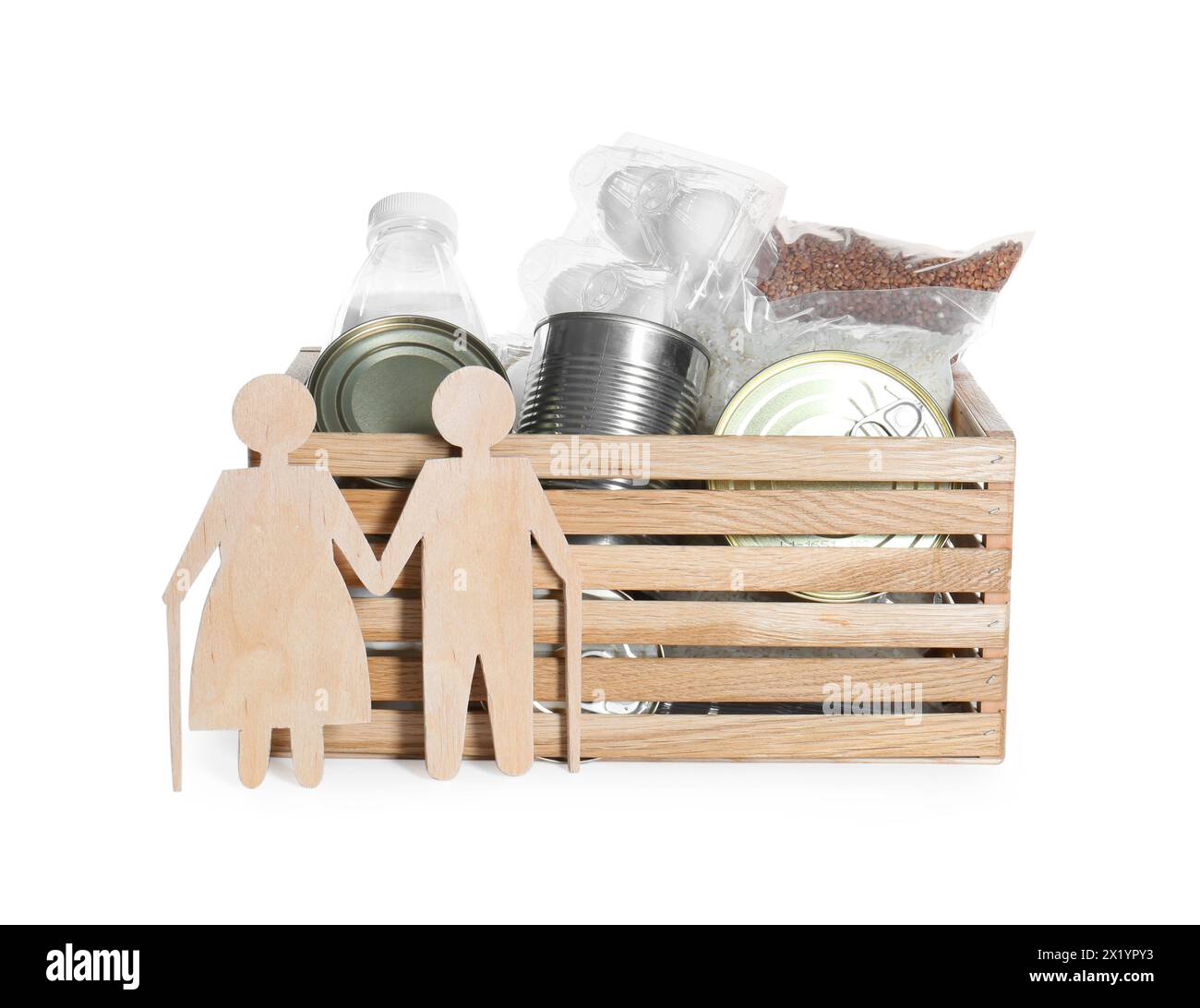 Humanitarian aid for elderly people. Donation box with food products