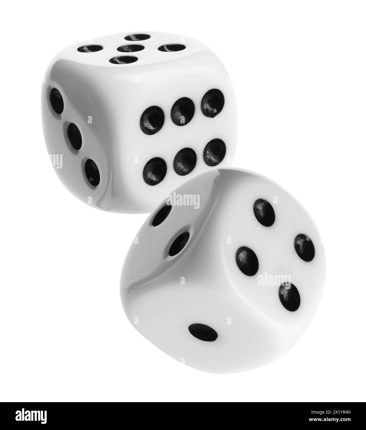 Two dice in air on white background Stock Photo