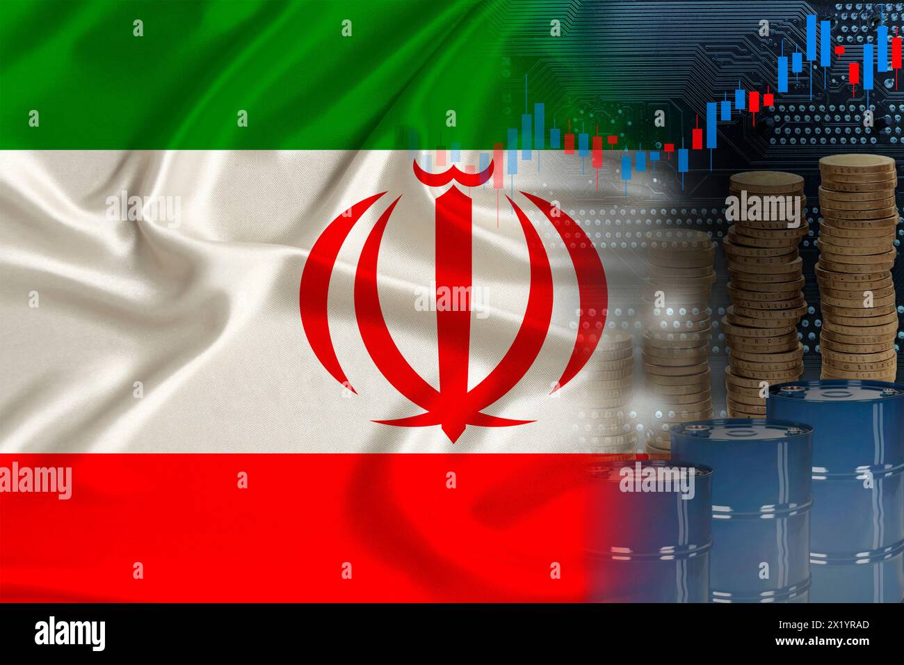 national flag of Iran on silk, barrels of oil, metal coins, oil futures