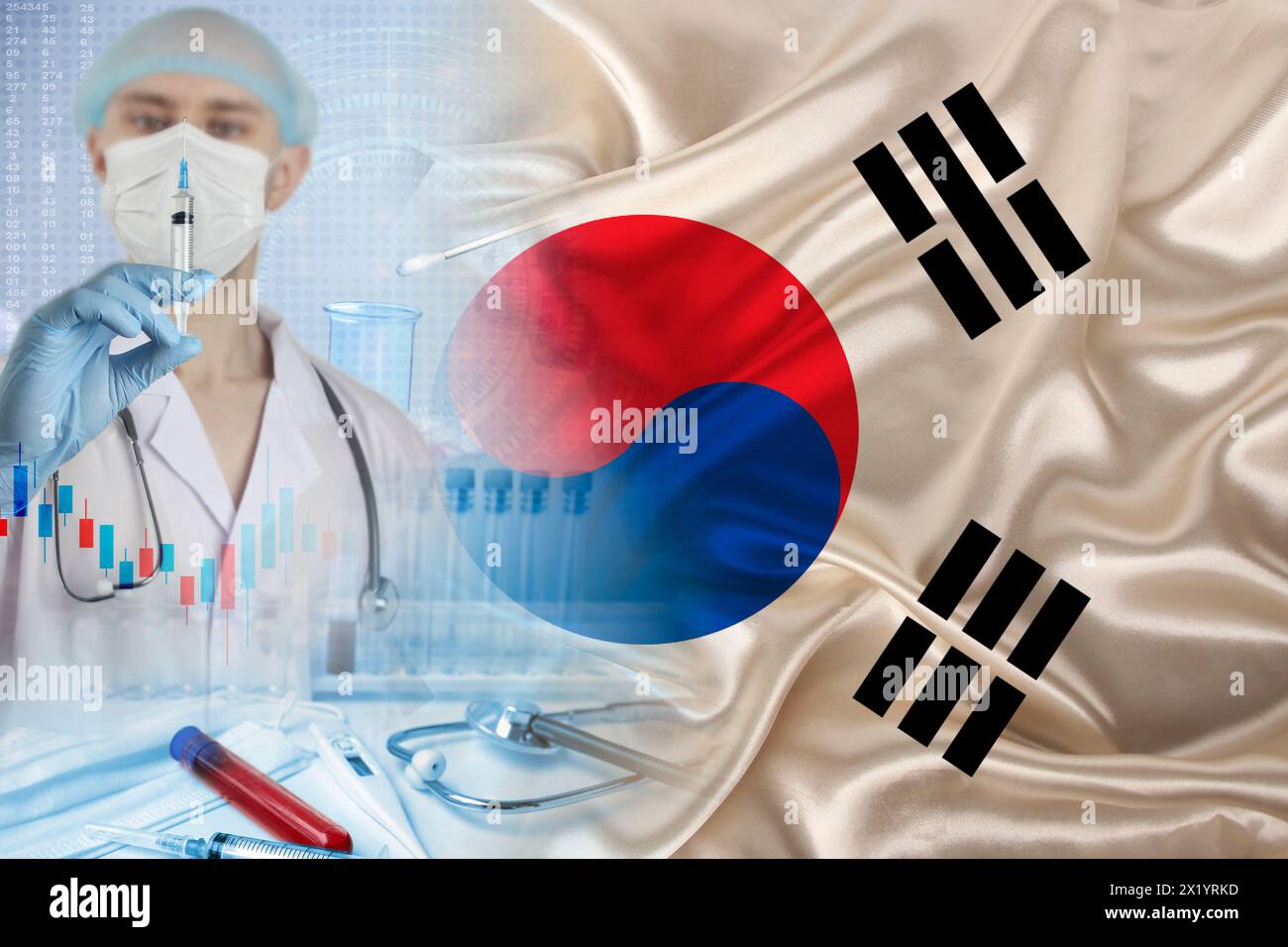 South Korea national flag on satin, doctor with syringe, country population vaccination concept, medical development, covid-19 coronavirus, immune pas Stock Photo