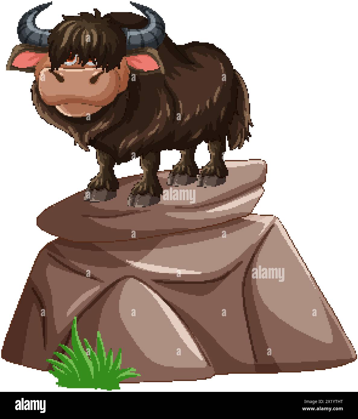 Cartoon yak standing atop a rocky outcrop Stock Vector