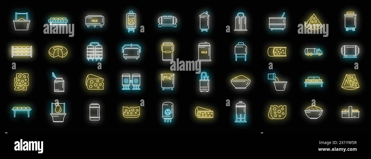 Cheese production icons set outline vector. Milk food. Making butter neon color on black Stock Vector