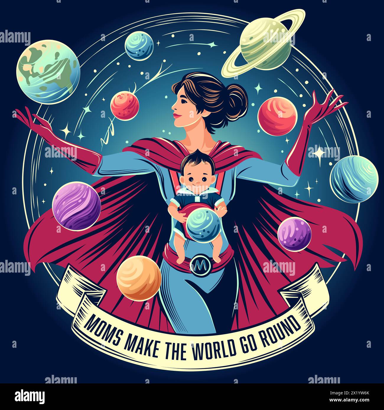 Happy Mothers Day greeting card with mother in superhero cape holding a baby, surrounded by planets. Vector flat illustration Stock Vector