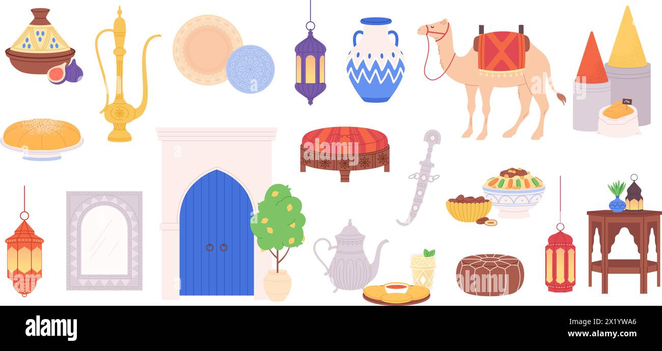 Moroccan elements. Arabian accessories, crockery, pots and lights. Decorative east lamps, ornamental plates, furniture and camel, racy vector set Stock Vector