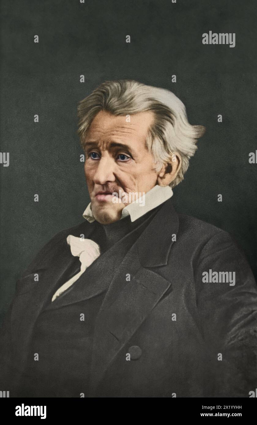 Mezzotint after a Daguerreotype of former US President, Andrew Jackson, half length portrait, seated, facing left. 5th April 1845. By Mathew Brady. Stock Photo