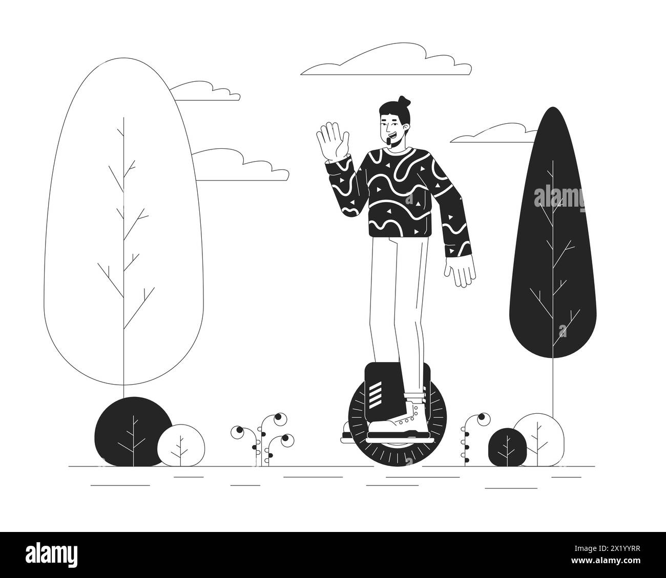 Caucasian guy riding electric unicycle black and white cartoon flat