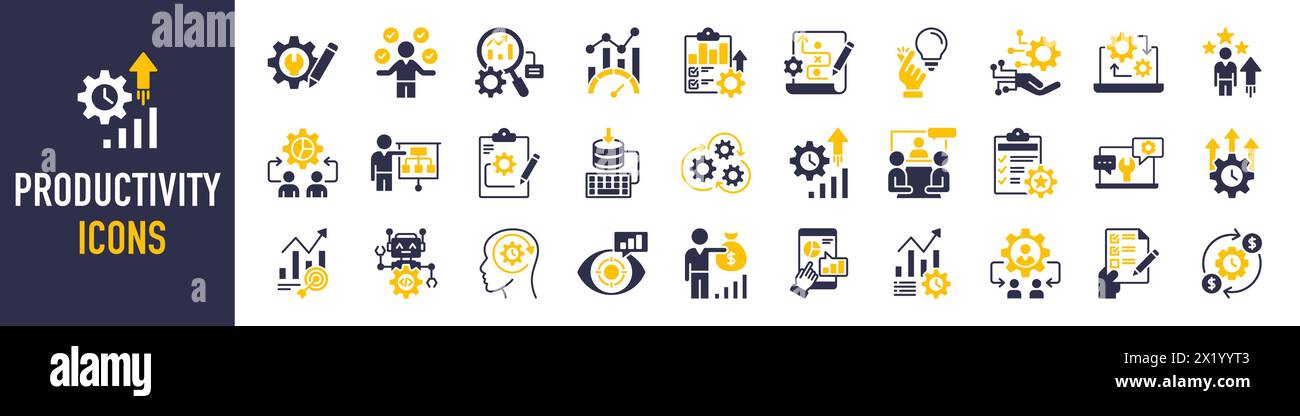 Productivity icon set. Such as efficiency, task, focus, multitasking, performance, process, workflow, growth, deal, routine, project management, data Stock Vector