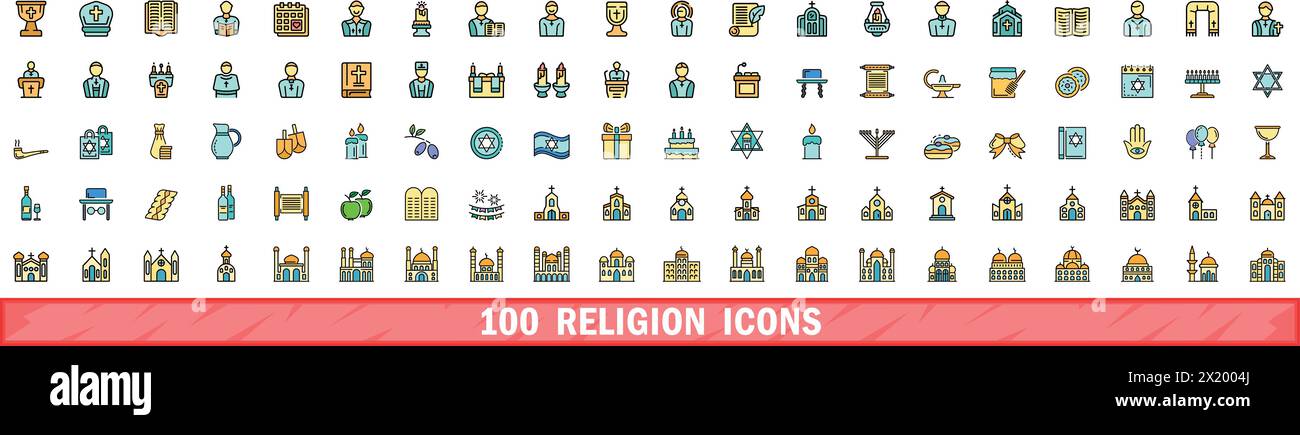 100 religion icons set. Color line set of religion vector icons thin line color flat on white Stock Vector