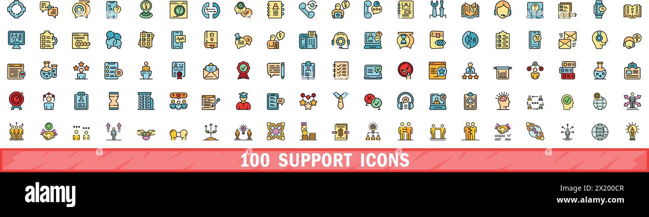 100 support icons set. Color line set of support vector icons thin line ...