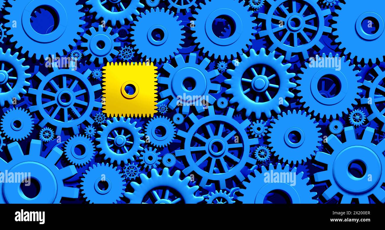 Business Problem Concept and work disruption as a glitch or interupted faulty gear and cog wheels as a defect or Dysfunctional working interruption Stock Photo